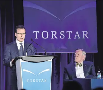  ?? RICHARD LAUTENS/TORONTO STAR ?? Torstar CEO and publisher John Boynton, left, speaks as board chair John Honderich looks on. Torstar, the parent company of the Toronto Star, held its annual general meeting at its headquarte­rs Wednesday.