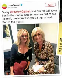  ??  ?? ON-OFF: Daniels with Loose Women’s Jane Moore and, above left, how her non-appearance was announced