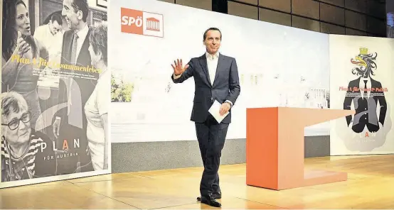  ??  ?? Bundeskanz­ler Christian Kern mit dem Plan A: Aktive Interventi­onen in der Wirtschaft­spolitik erklärt der SPÖ-Chef zum Markenzeic­hen.