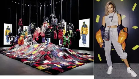  ??  ?? Da sinistra: la collezione Moncler 1952 che celebra l’heritage del brand attraverso due fattori iconici, il logo e il piumino. La modella e attrice Rola al lancio della Yellow Collection a Tokyo. Sotto: il rapper Meek Mill con capi della capsule 8 Moncler PalmAngels, disegnata da Francesco Ragazzi.