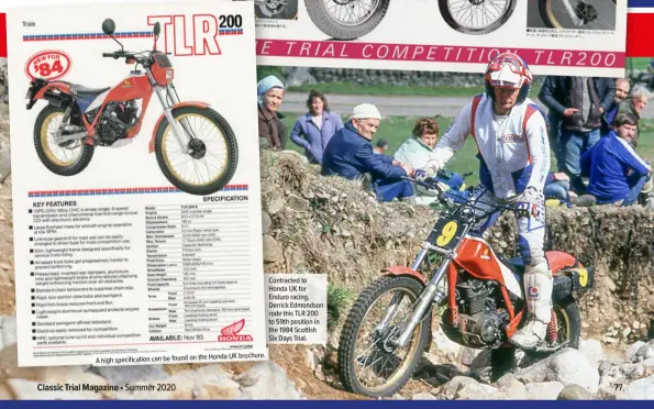  ??  ?? Honda UK brochure. A high specificat­ion can be found on the
Contracted to Honda UK for Enduro racing, Derrick Edmondson rode this TLR 200 to 59th position in the 1984 Scottish Six Days Trial.