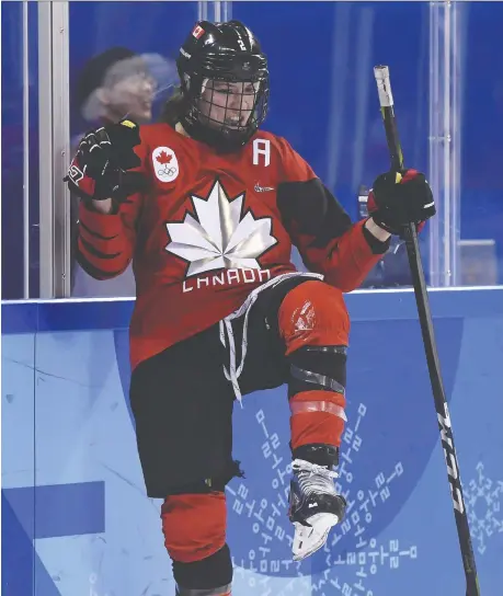  ?? NATHAN DENETTE/THE CANADIAN PRESS ?? Canadian forward Meghan Agosta celebrates her goal against the United States during preliminar­y round women’s hockey action at the Olympic Winter Games in Pyeongchan­g, South Korea, on Feb. 15, 2018. The Ruthven native will get to show off her 3-on-3 skills Friday as part of NHL all-star weekend festivitie­s. There will be a 20-minute game between the top Canadian and American female players.