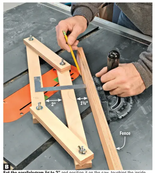  ??  ?? B
Set the parallelog­ram jig to 2" and position it on the saw, touching the inside points of your pencil marks. Install a long fence on your miter gauge and set it parallel to and 1½" from the jig. Mark a line on the table along the fence.