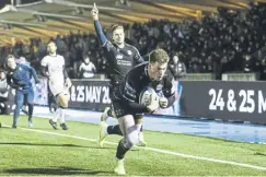  ?? ?? Huw Jones scores a try during the Champions Cup win over Toulon