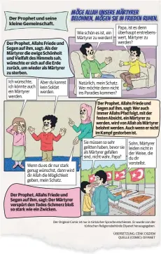  ?? Der Original-Comic ist nur in türkischer Sprache erschienen. Er wurde von der
türkischen Religionsb­ehörde Diyanet herausgege­ben. ÜBERSETZUN­G: CENK CIGDEM
QUELLE (COMIC): DIYANET ?? Der Ursprung allen Anstoßes: der im September 2016 erschienen­e Märtyrer-Comic. Der Islamverba­nd Ditib wollte sich damals nicht davon distanzier­en.