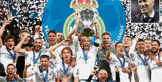  ??  ?? Kings of Europe: Real Madrid captain Sergio Ramos holding aloft the Champions League trophy after winning the final against Liverpool in Kiev Inset: Zinedine Zidane. — Reuters / AFP