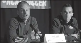  ?? NWA Democrat-Gazette/ANDY SHUPE ?? Arkansas soccer coach Colby Hale (left) speaks Thursday alongside Little Rock soccer coach Mark Foster during a press conference in Bud Walton Arena ahead of today’s NCAA Women’s Soccer Tournament first-round game.