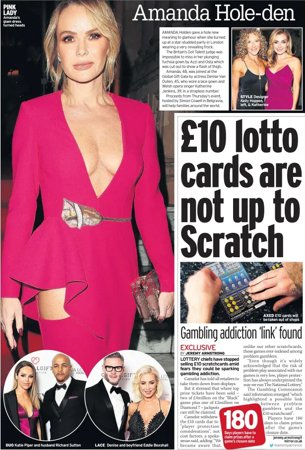  ??  ?? PINK LADY Amanda’s glam dress turned heads DUO Katie Piper and husband Richard Sutton LACE Denise and boyfriend Eddie Boxshall STYLE Designer Kelly Hoppen, left, & Katherine AXED £10 cards will be taken out of shops