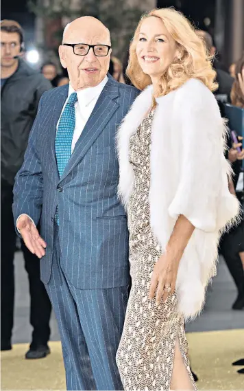  ?? ?? Rupert Murdoch and Jerry Hall at a London film premiere in 2016, the year she became the American businessma­n’s fourth wife