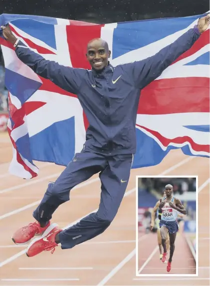  ?? PICTURE: ALEX LIVESAY/GETTY IMAGES ?? 0 Mo Farah shows his delight after winning the final British track race of his career.