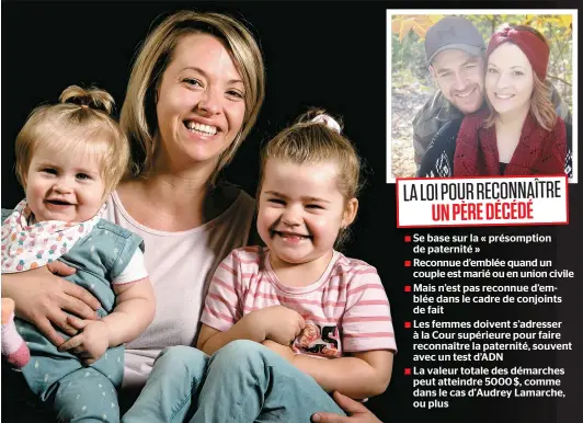  ??  ?? Audrey Lamarche se porte bien aujourd'hui, même si le deuil se poursuit au jour le jour. Elle est accompagné­e de ses filles, Ruby et Mackenzie Mey. En mortaise: Alexander Mey Dorval est décédé en 2015 alors qu’audrey Lamarche attendait leur deuxième...