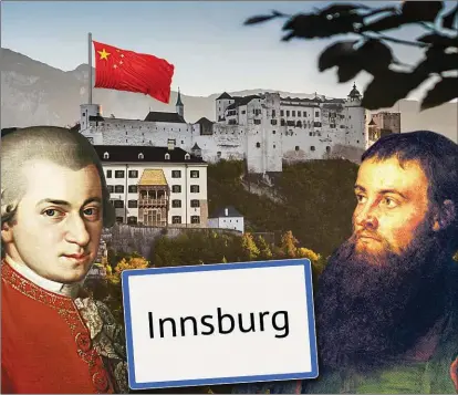  ??  ?? Wenn das Mozart und Andreas Hofer wüssten: Diese nicht ganz ernst gemeinte Fotomontag­e zeigt, wie „Innsburg“(also eine Mischung aus Innsbruck und Salzburg) als China-Kopie aussehen könnte.