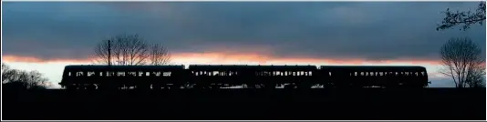  ?? ?? Ï
Most people had given up by this time of the day and so I had this all to myself. DMUs are not my favourite subject but this one was used as a test for the steam photograph which was to follow. What makes this is the light shining through the windows of the Class 101 as it departs Quorn & Woodhouse heading for Loughborou­gh on the Great Central Railway on January 16, 2022. Believe it or not I nearly did not take this!
ISO 250, shutter speed 500th, aperture f4.5,