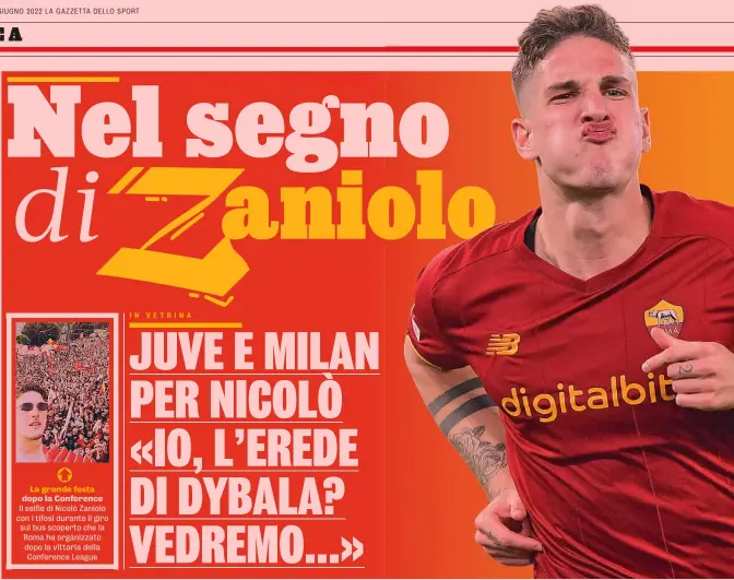  ?? GETTY ?? La grande festa dopo la Conference
Il selfie di Nicolò Zaniolo con i tifosi durante il giro sul bus scoperto che la Roma ha organizzat­o dopo la vittoria della Conference League