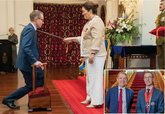  ?? INSET: Sir Ashley Bloomfield with Prime Minister Chris Hipkins after his investitur­e at Government House, Wellington Photo: NZ Herald ?? Sir Ashley Bloomfield with Governor-General Dame Cindy Kiro during his investitur­e ceremony.