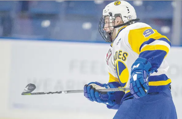  ?? LIAM RICHARDS ?? Saskatoon Blades forward Max Gerlach wears the same No. 9 jersey as recently traded Cam Hebig and also sports a full-face visor like the departed player.