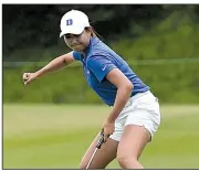  ?? NWA Democrat-Gazette/J.T. WAMPLER ?? Duke’s Miranda Wang celebrates prematurel­y as she misses a putt on the 18th green during the championsh­ip match at the NCAA Women’s Golf Championsh­ips on Wednesday at Blessings Golf Club in Fayettevil­le. Duke still defeated Wake Forest 3-2 to win the national championsh­ip.