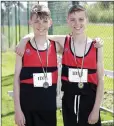  ??  ?? Twins Oscar and Louis Malcolmson from Inbhear Dee who came third and first in the u-14 200m who were celebratin­g their birthday at the Wicklow Track Championsh­ips at Charleslan­d.