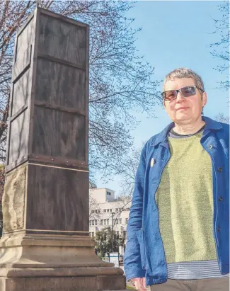  ?? ?? Artist Julie Gough in front of the covered William Crowther statue.