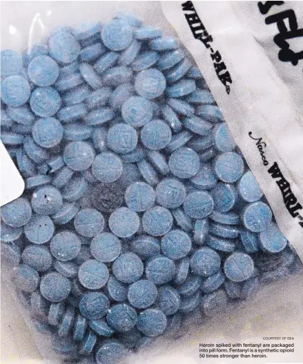  ?? COURTESY OF DEA ?? Heroin spiked with fentanyl are packaged into pill form. Fentanyl is a synthetic opioid 50 times stronger than heroin.