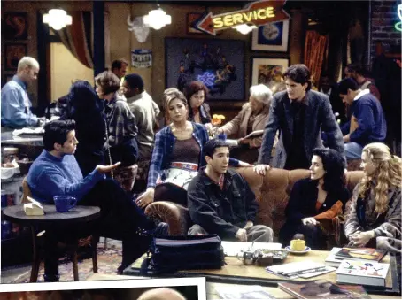  ?? Picture: GETTY ?? In the mix… Tyler, above, extreme left, and Friends in Central Perk at the sofa, from left LeBlanc, Aniston, Schwimmer, Perry, Cox and Kudrow; and declaring his love for Rachel in the final episode of the hit show