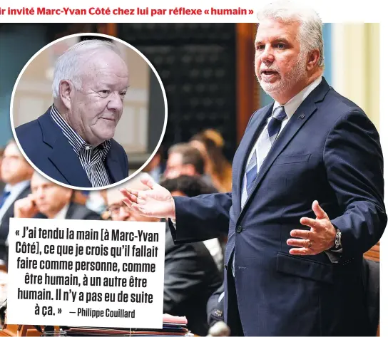  ??  ?? Les partis d’opposition ont accusé le chef libéral Philippe Couillard d’avoir essayé de cacher son amitié avec Marc-yvan Côté (en mortaise) aux Québécois.