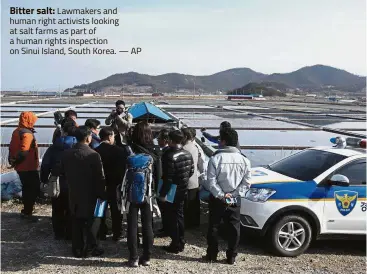  ??  ?? Bitter salt: Lawmakers and human right activists looking at salt farms as part of a human rights inspection on Sinui Island, South Korea. — AP