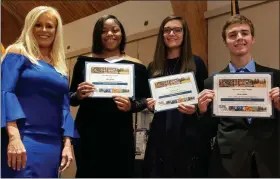  ?? BARRY TAGLIEBER - FOR MEDIANEWS GROUP ?? Freedoms Foundation Valley Forge Chapter President Amy Russell-Braccia with the Arthur L. Russell and Tony Dipietro Memorial Scholarshi­p winners: Anlya Wesley, Sinena Cervino and Drew Landis.