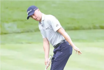  ??  ?? Justin Thomas of the United States reacts to a putt on the eighth green during the second round of the Zozo Championsh­ip @ Sherwood in Thousand Oaks, California. - AFP photo