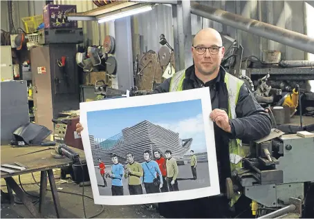  ?? Picture: Dougie Nicolson. ?? Liam at Mackay Boat Builders with a print of his painting, Star Trek At The V&amp;A. Right: two of his previous filmthemed works.