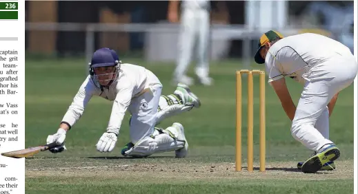  ?? Pictures: PETER RISTEVSKI ?? CLOSE: North Geelong’s Curtly Balshaw scrambles for his ground as South Barwon veteran Brad Hauenstein prepares to collect the ball in a bid to run him out.