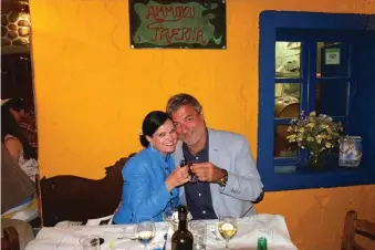  ??  ?? Dr. Paolo Macchiarin­i and TV producer Benita Alexander, Santorini, Greece, 2014; from Alexander’s new documentar­y, He Lied About Everything