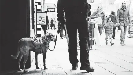  ?? SPENCER PLATT/GETTY IMAGES ?? A New York City police officer and his dog stand guard in Times Square a day after a man detonated a bomb near the Port Authority. The city has been the target of a series of attacks this year.