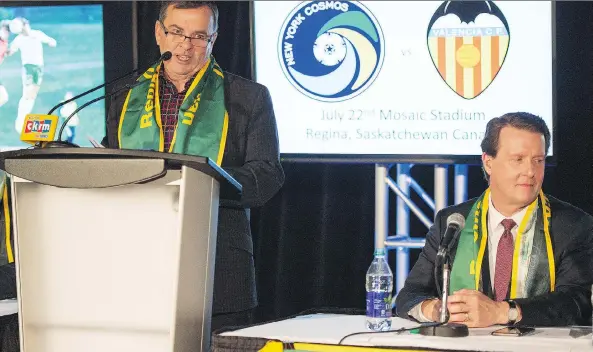  ?? TROY FLEECE ?? Mark Allan, Evraz Place CEO, left, was joined by Regina Mayor Michael Fougere on Tuesday for the announceme­nt that new Mosaic Stadium will host an internatio­nal soccer game between Spain’s Valencia CF and the New York Cosmos on July 22. Allan said more...