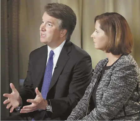  ?? AP PHOTO ?? ‘HE’S KIND, HE’S GOOD’: Judge Brett Kavanaugh and his wife, Ashley Kavanaugh, answer questions yesterday during an interview on Fox News.