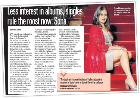  ??  ?? Sona Mohapatra plans to aggregate a few of her singles under one album