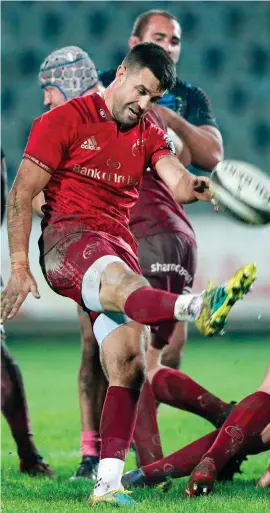  ?? ROBERTO BREGANI/SPORTSFILE ?? Conor Murray hits a box-kick on his return to action during Munster’s victory against Zebre in Parma