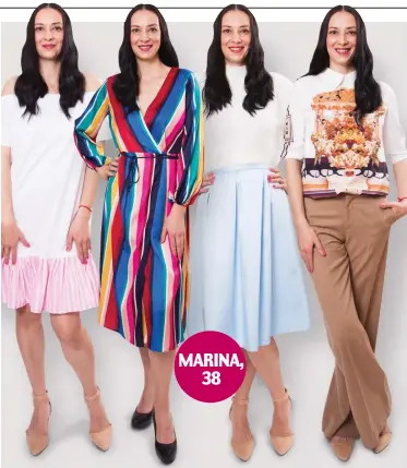  ?? ?? Marina wears (from left): Dress, £15, Bershka; Stripey dress, £20, Primark; Jumper, £13, Primark, and skirt, £12, local market; Blouse, £10, Shein, and trousers, £20, Zara