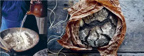  ??  ?? Clockwise from main Vanessa Kimbell (centre) with bakers at her Sourdough School; a charcoal-rye loaf; water – how much to add, and when – is key to the success of a loaf