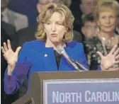  ?? GERRY BROOME/AP ?? Sen. Kay Hagan, D-N.C., gives her concession speech on Nov. 4, 2014, in Greensboro, N.C. She died at her home of encephalit­is, or brain inflammati­on, caused by a rare virus spread from ticks to humans.