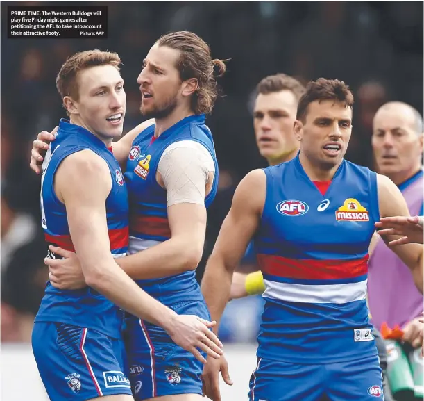  ?? Picture: AAP ?? PRIME TIME: The Western Bulldogs will play five Friday night games after petitionin­g the AFL to take into account their attractive footy.