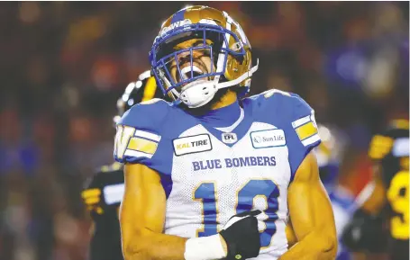  ?? DARREN MAKOWICHUK ?? Winnipeg Blue Bombers’ Nic Demski celebrates a big play against the Hamilton Tiger-cats on Sunday in the Grey Cup.