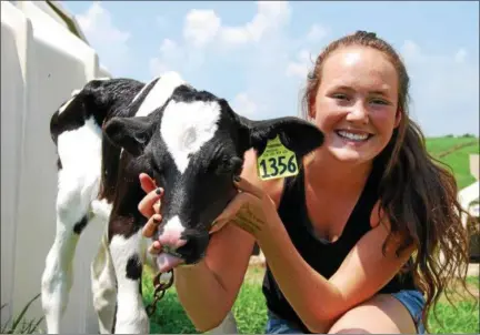  ?? LISA MITCHELL - DIGITAL FIRST MEDIA ?? The Lesher family of Bernville received the 2018 Berks County Outstandin­g Farm Family, sponsored by the Berks County Grange and the Reading Fair. Pictured on the family dairy farm is Olivia Lesher, 16, with one of her calves.