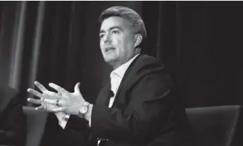  ??  ?? U.S. Sen. Cory Gardner speaks during Zillow’s “Housing Roadmap to 2016” at the Curtis Hotel in Denver on March 30. Gardner has come under significan­t pressure from constituen­ts and liberal activists since President Donald Trump took the oath of office...