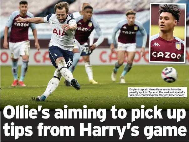  ??  ?? England captain Harry Kane scores from the penalty spot for Spurs at the weekend against a Villa side containing Ollie Watkins (inset above)