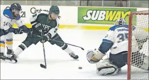  ?? JASON MALLOY/TC MEDIA ?? UPEI Panthers forward Sam Aulie, centre, tries to go to his backhand as Moncton Aigles Bleus defenceman Victor Beaulac attempts to tie him up and goalie Brandon Thibeau tracks the play Friday at MacLauchla­n Arena.