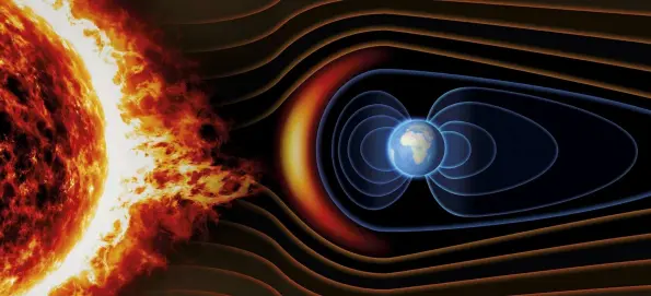  ??  ?? Earth’s magnetic field protects us from the solar wind, which energises particles in our atmosphere and produces the aurora