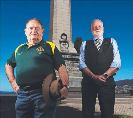  ??  ?? Vietnam veteran Brian McKenzie ( left) and RSL state president Robert Dick encourage Tasmanians to pause on Wednesday and mark Remembranc­e Day by recalling the sacrifices made by people who served. Picture: Nikki Davis- Jones