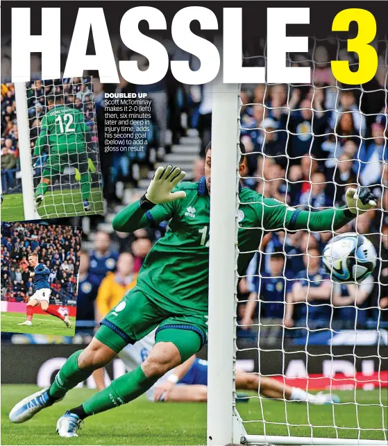  ?? ?? DOUBLED UP Scott McTominay makes it 2-0 (left) then, six minutes later and deep in injury time, adds his second goal (below) to add a gloss on result