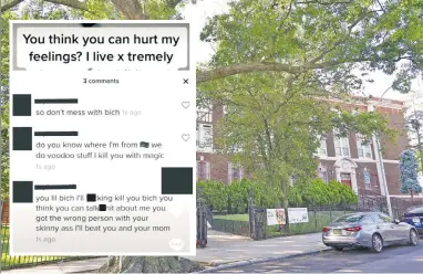  ?? ?? FOUL-MOUTH TAUNTS: Bullies at PS 135 (above) in Queens Village harassed a 10-year-old girl in school and via nasty online threats (inset), while there was “nothing to be done by the DOE,” says the girl’s mom.